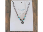 Tour de cou turquoise/bronzite argenté signe Om indou sur cordon marron