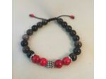 Bracelet ajustable obsidienne / jade rouge / perle argenté-noir