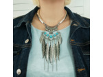 Gros collier plumes argenté/turquoise