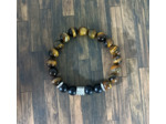 Bracelet homme œil de tigre/agate noire argenté 10mm