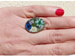 Bague résine ovale argenté fleur bleu/blanc/vert #15