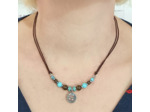 Tour de cou turquoise/bronzite argenté signe Om indou sur cordon marron