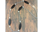 Collier long noir/hématites/acier inoxydable