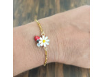 Bracelet carte "Bonne chance" coccinelle/fleur et acier inox doré