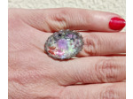 Bague résine ovale argenté fleurs ton mauve #16