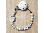 Attache sucette prénom personnalise Renard, Gris, blanc et bois