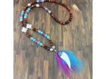 Collier long bois, turquoise, fuchsia, nacre