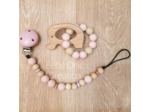 Attache sucette en silicone, rose et bois