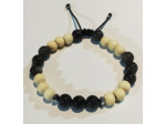 Perles en bois blanc naturel & obsidienne, ajustable