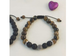 Bracelet couple perle argent agate noire/œil de tigre