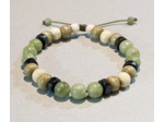 Perles en bois kaki/blanc/noir + agate verte, ajustable