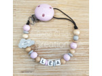 Attache sucette prénom personnalise Bois , rose pâle et gris