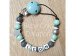 Attache sucette prénom personnalise, étoile turquoise blanc et bois