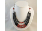 Collier triple obsidienne/corail rouge