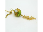 Collier long chaîne acier pendentif feuille perle Murano Salvia