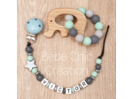 Attache sucette prénom personnalise, Menthe, anthracite et argent