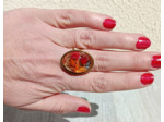 Bague résine ovale doré fleurs orange/rouge #9