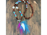 Collier long bois, turquoise, fuchsia, nacre