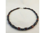 Collier pierre de lave/bois acajou/rondelles bleu