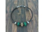 Bracelet cuir et perles naturelles tons marron/vert