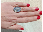 Bague résine ovale argenté fleurs bleu #13