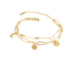 Bracelet double chaîne trèfle/arbre de vie/lune en acier inox doré