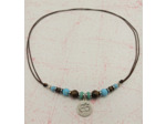 Tour de cou turquoise/bronzite argenté signe Om indou sur cordon marron