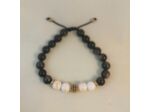 Bracelet ajustable obsidienne / jade blanc / perle doré-noir