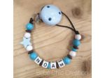 Attache sucette prénom personnalise Turquoise, marron et blanc