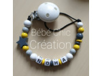 Attache sucette prénom personnalise Anthracite, jaune, gris et blanc