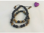Bracelet couple perle argent agate noire/œil de tigre