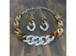 Parure 2 pcs gros maillons tons marron/beige argenté