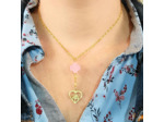 Pendentif trèfle rose et arbre de vie dans cœur acier inox doré