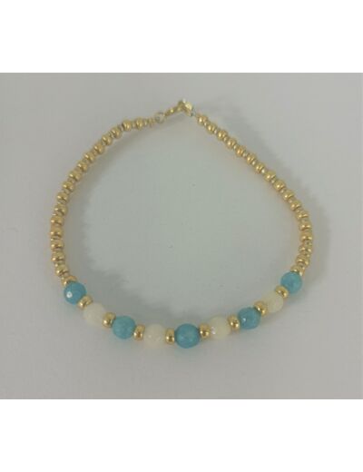 Bracelet Jade bleu/blanc et perles dorées