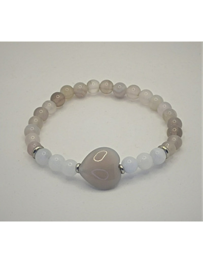 Bracelet agate gris/blanc argenté cœur