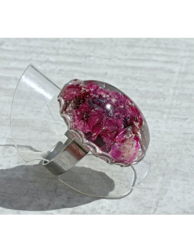 Bague résine ovale argenté fleur fushia #14