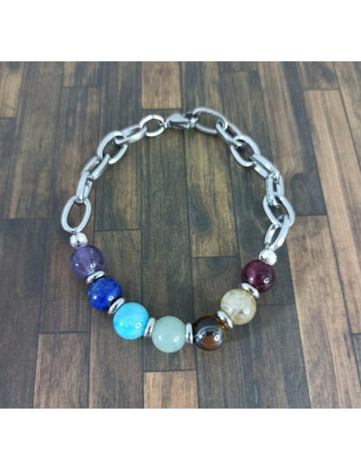 Bracelet 7 chakras chaîne gros maillons argenté