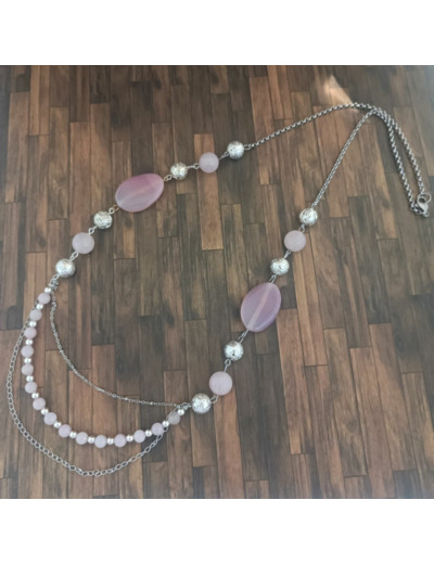 Collier long quartz rose/hématite acier inoxydable