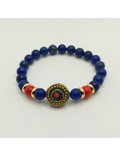 Bracelet lapis lazuli/jade rouge, perle tibétaine