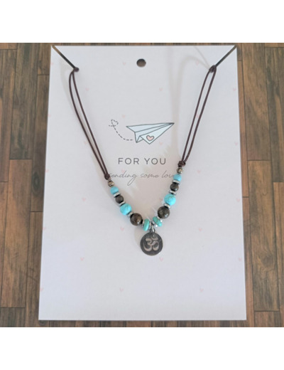 Tour de cou turquoise/bronzite argenté signe Om indou sur cordon marron