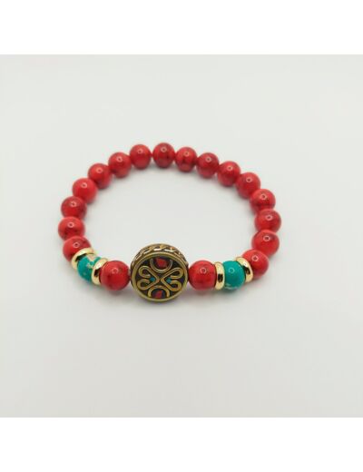 Bracelet jade rouge/jaspe impérial, perle tibétaine