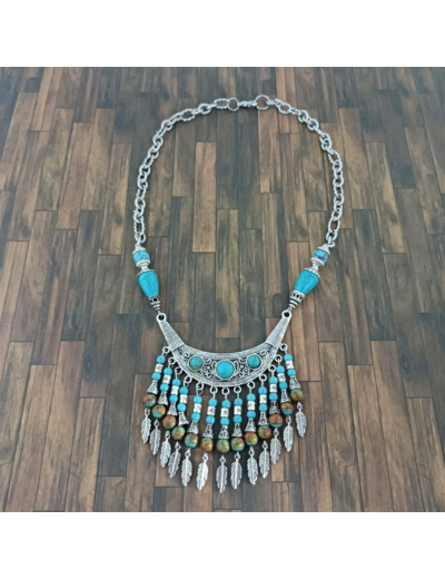 Collier argenté turquoise/marron plumes