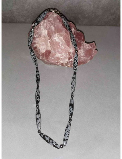 Collier obsidienne flocon et hématite 45cm