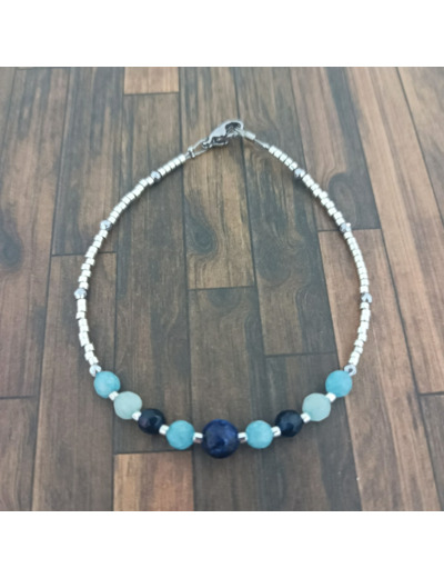 Bracelet lapis lazuli/jade bleu/argenté