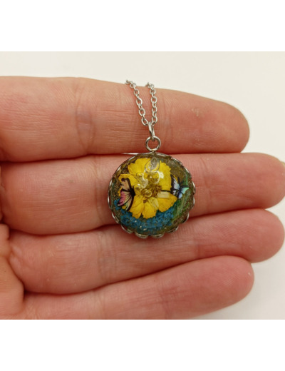 Pendentif résine rond jaune/bleu/argenté #21