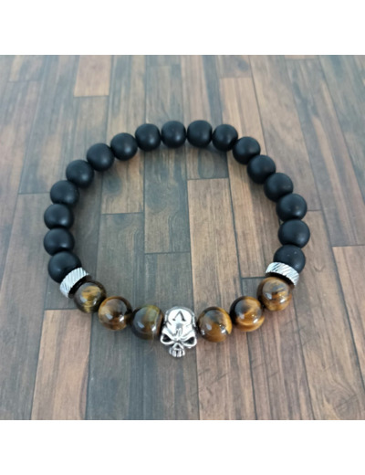 Bracelet homme agate noire/œil de tigre tête de mort