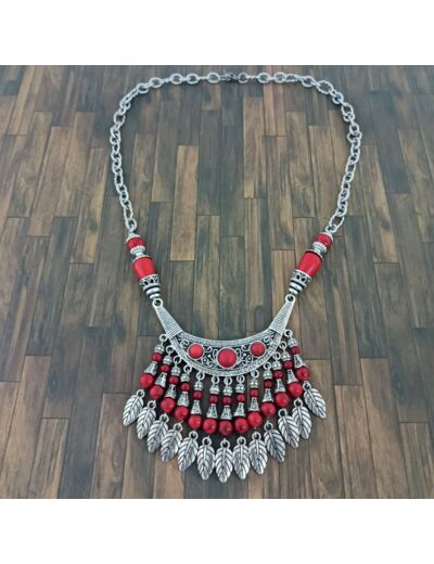 Collier argenté/rouge feuilles