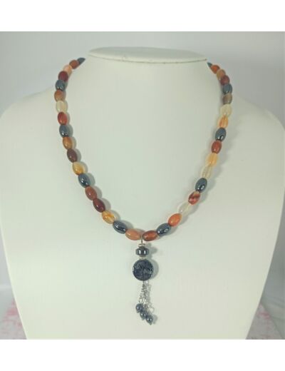 Collier agate orange/hématite arbre de vie