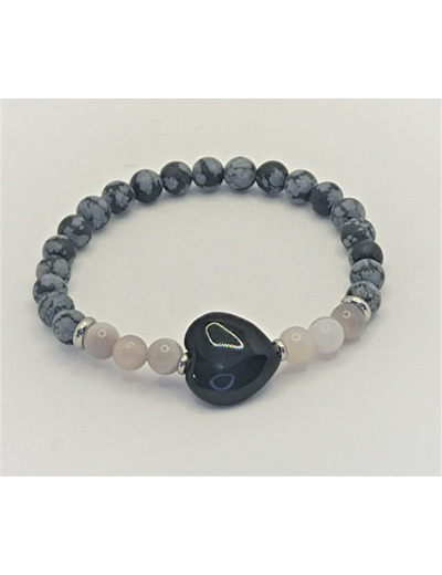 Bracelet obsidienne flocon de neige/agate grise cœur