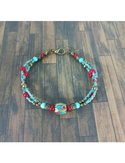 Bracelet 3 brins turquoise/rouge/bronze